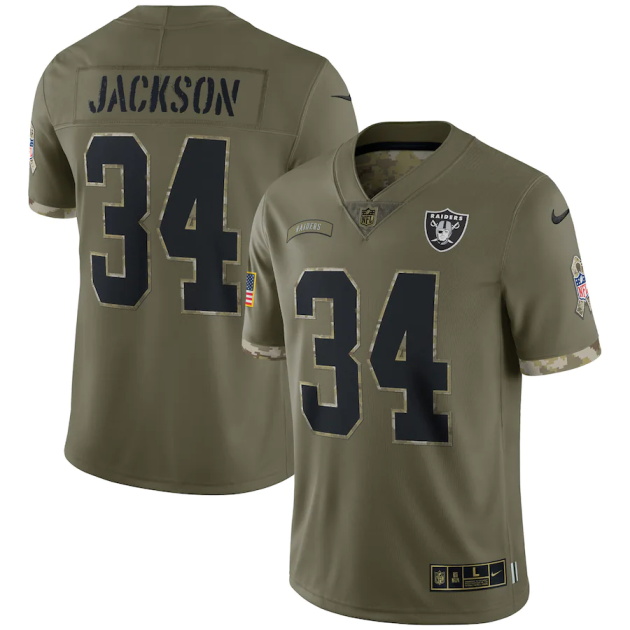mens nike bo jackson olive las vegas raiders 2022 salute to service retired player limited jersey